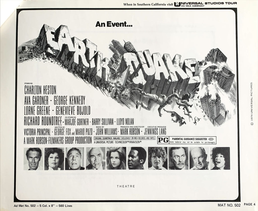 Earthquake,  vintage movie pressbook '74 Charlton Heston