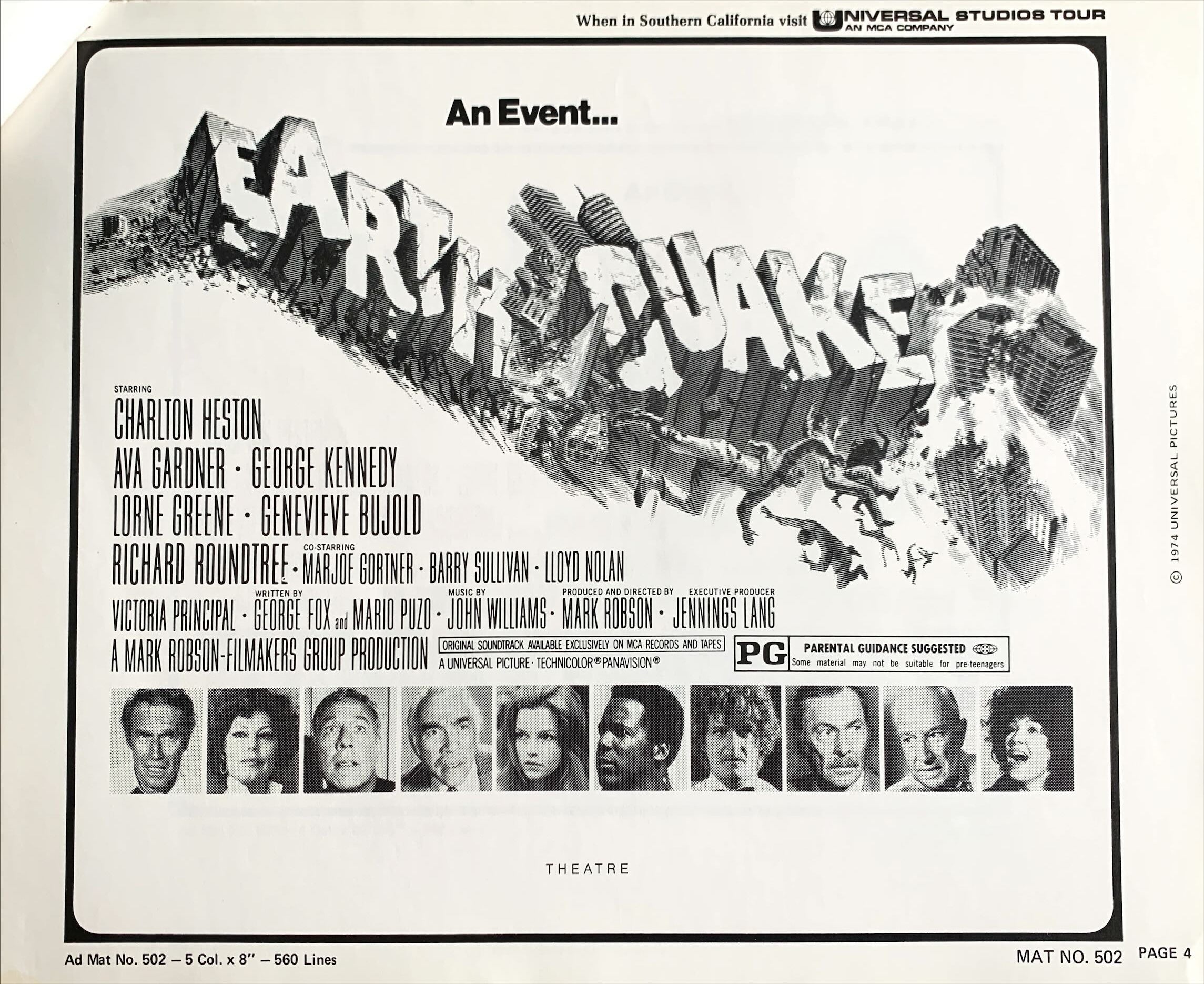 Earthquake,  vintage movie pressbook '74 Charlton Heston