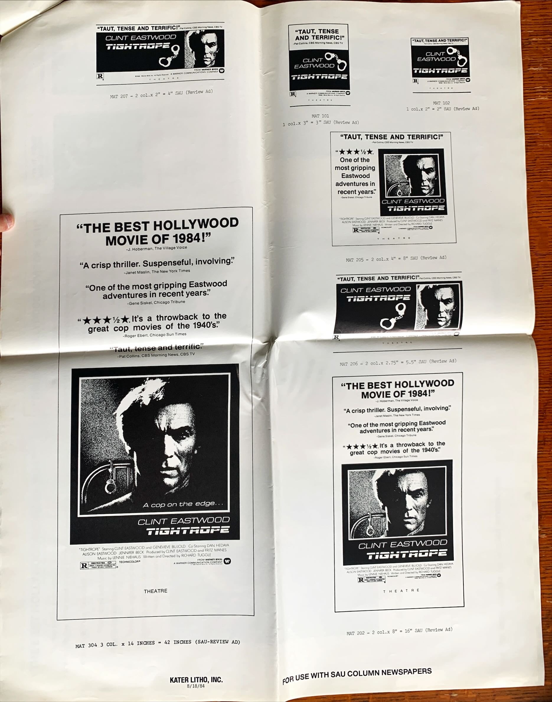 Tightrope, pressbook 1984 Clint Eastwood