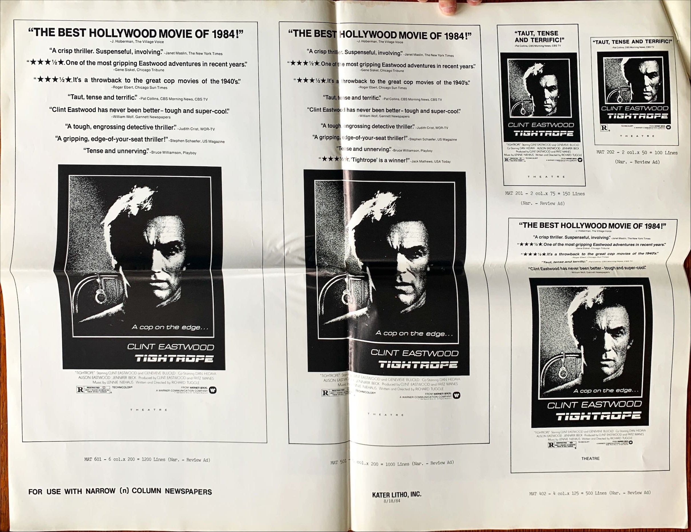 Tightrope, pressbook 1984 Clint Eastwood