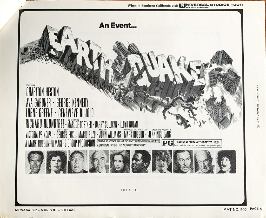 Earthquake,  vintage movie pressbook '74 Charlton Heston