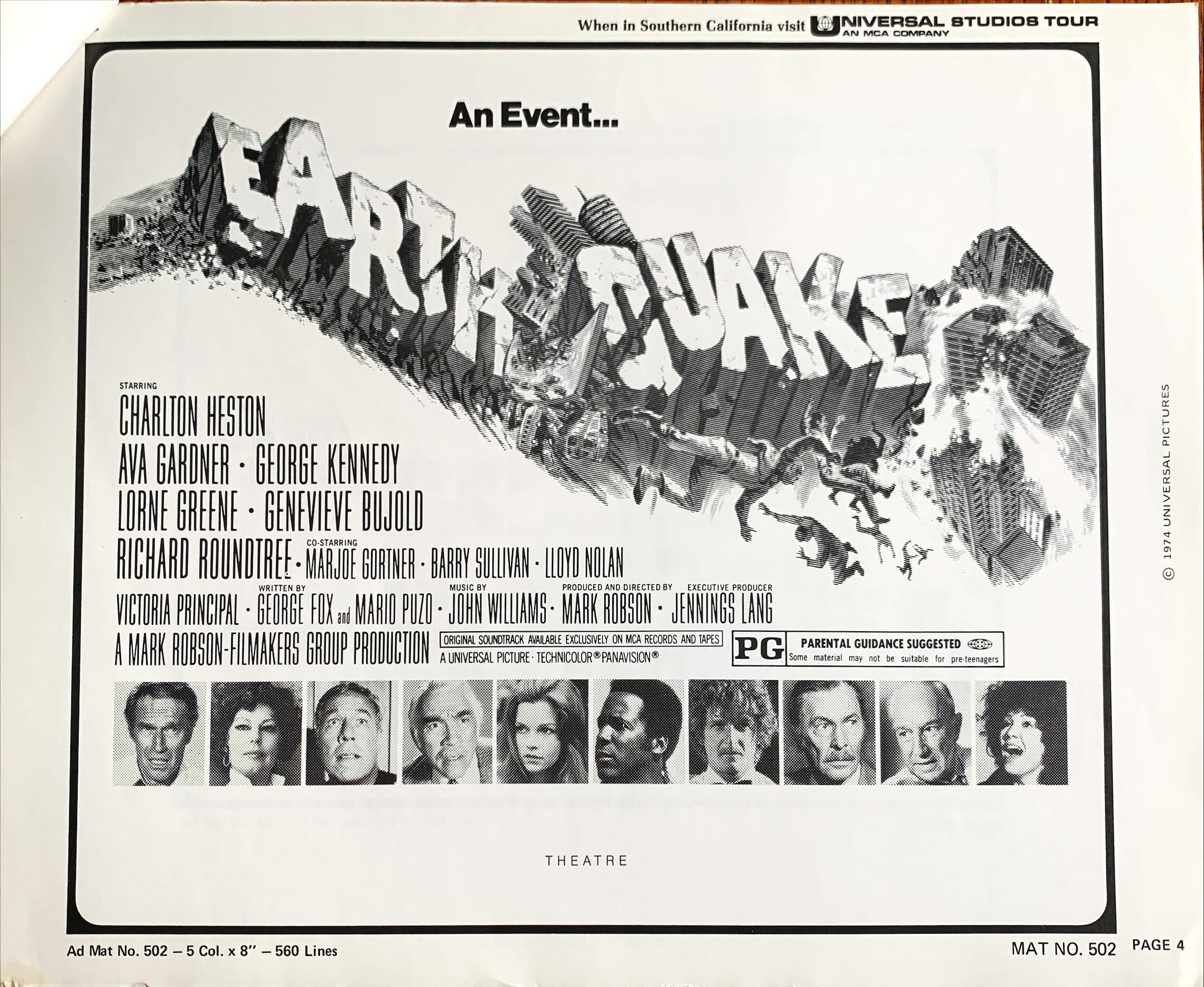 Earthquake,  vintage movie pressbook '74 Charlton Heston