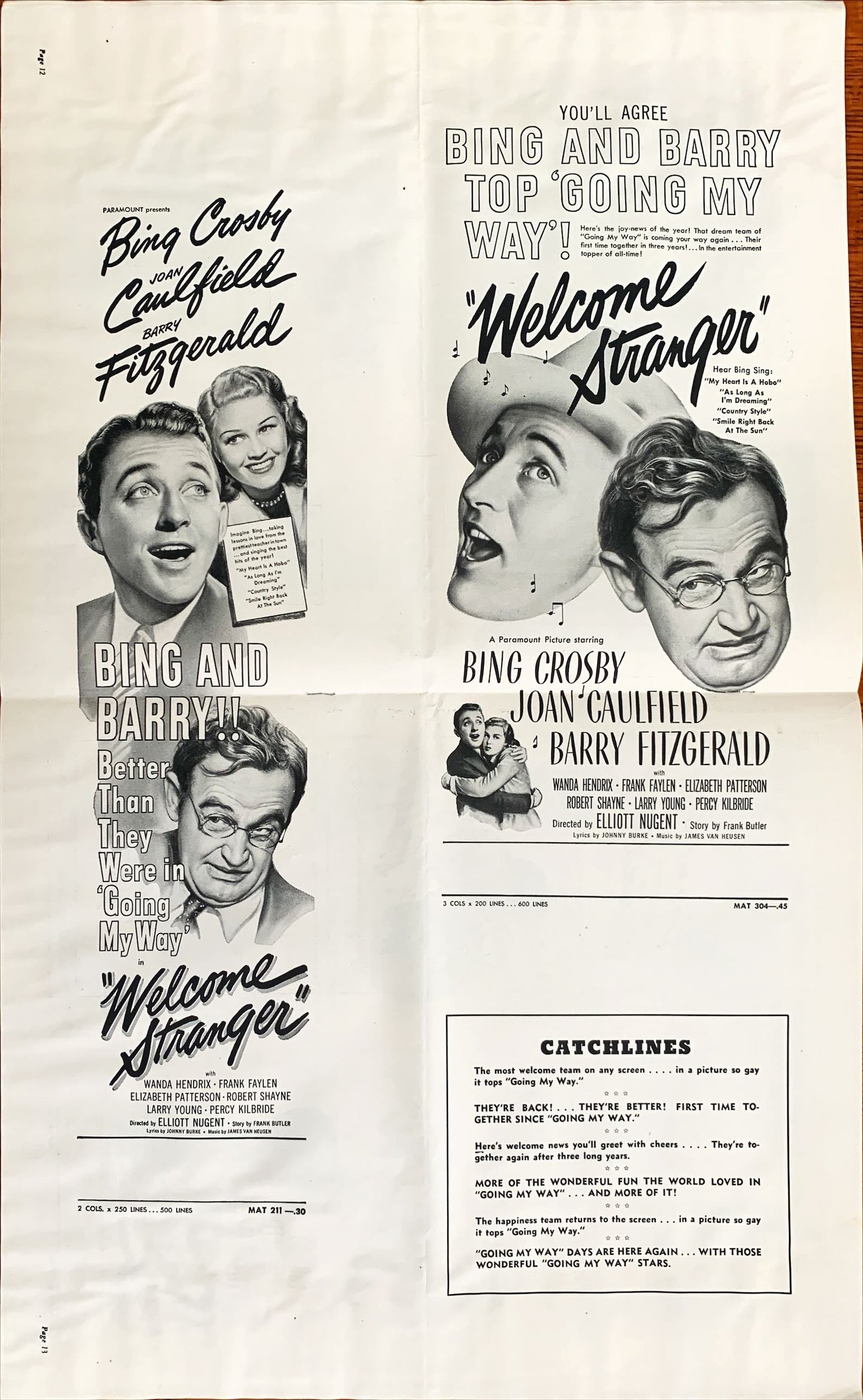 #603 WELCOME STRANGER pressbook '47 Bing Crosby