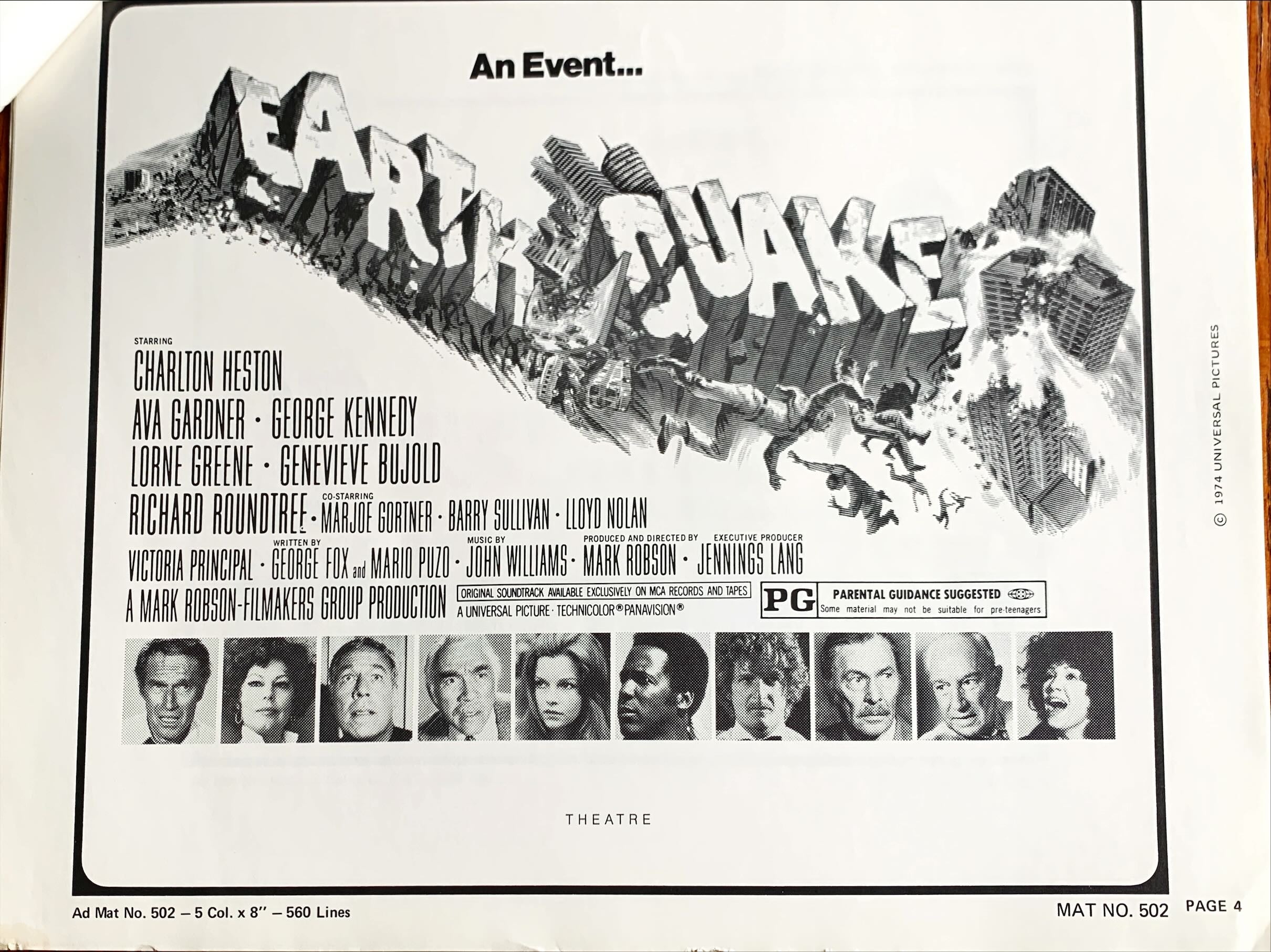 Earthquake,  vintage movie pressbook '74 Charlton Heston