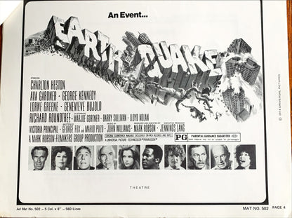 Earthquake,  vintage movie pressbook '74 Charlton Heston