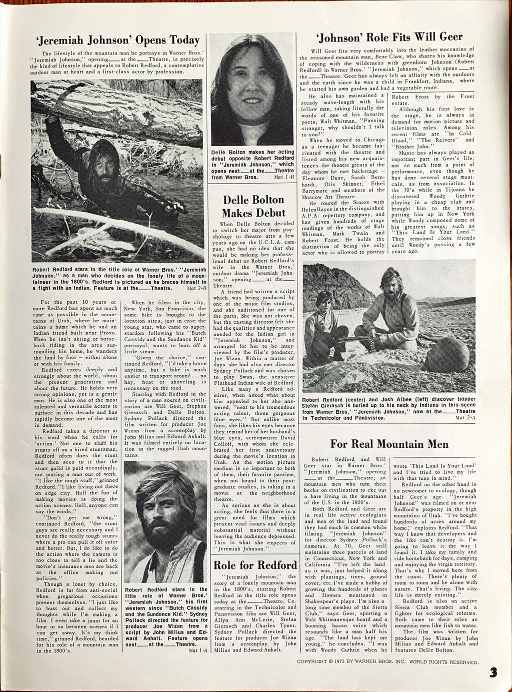 Jeremiah Johnson,  pressbook '72 Robert Redford