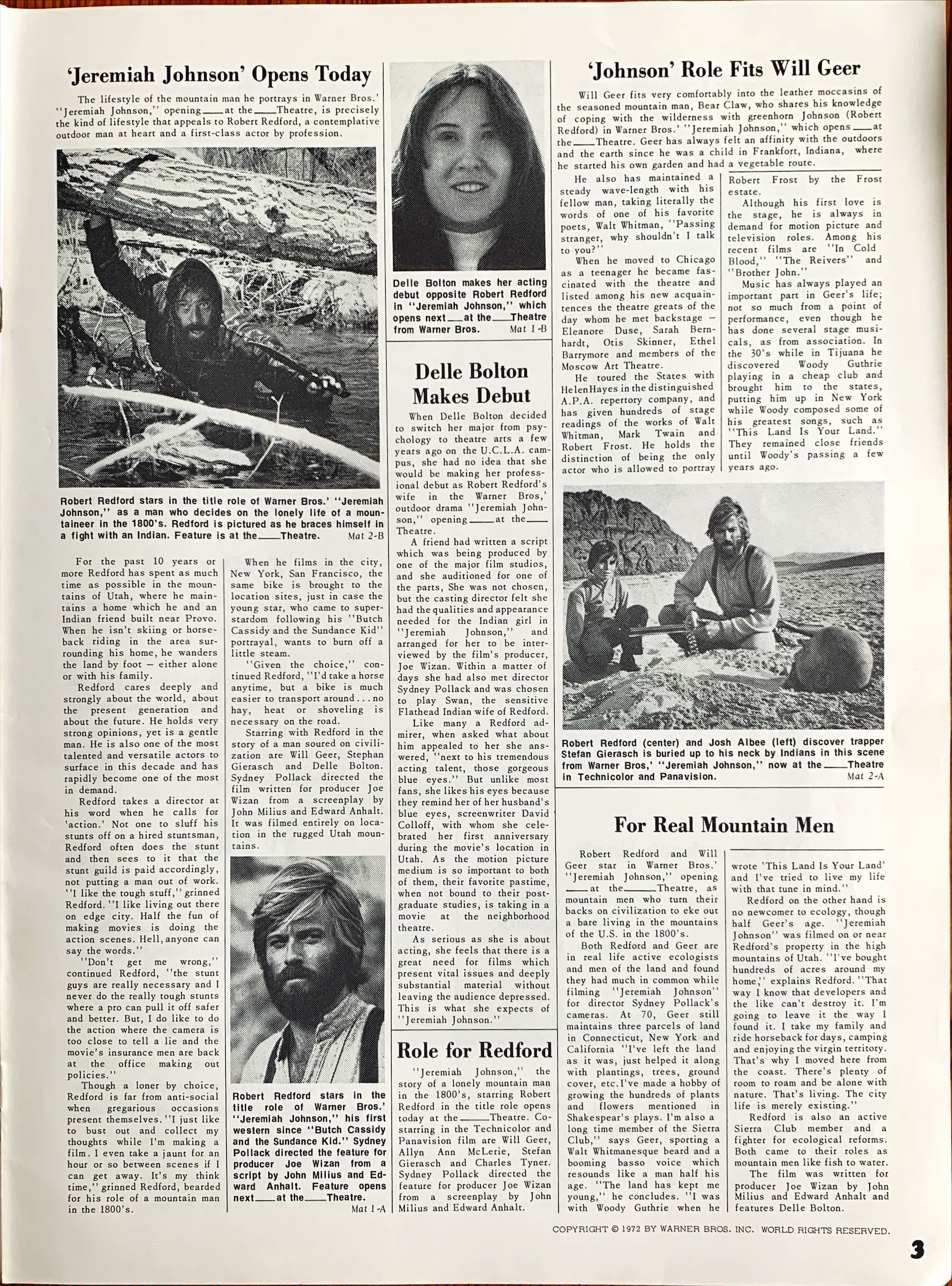 Jeremiah Johnson,  pressbook '72 Robert Redford