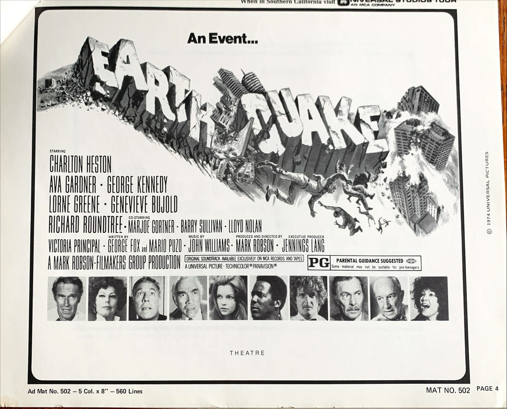 Earthquake,  vintage movie pressbook '74 Charlton Heston