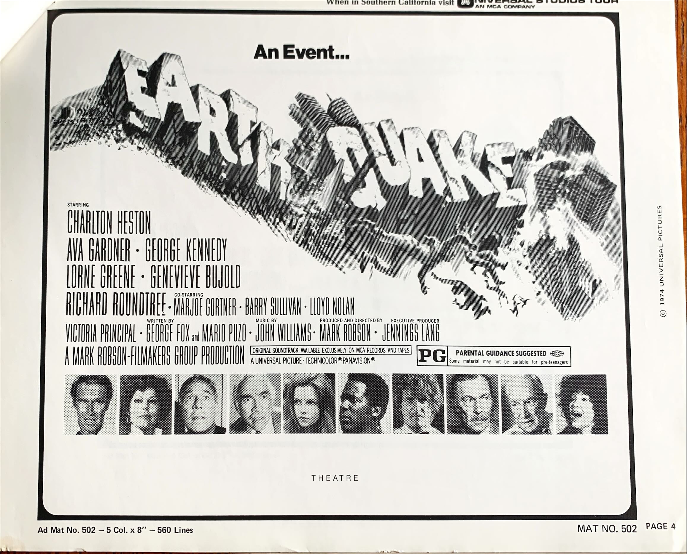 Earthquake,  vintage movie pressbook '74 Charlton Heston