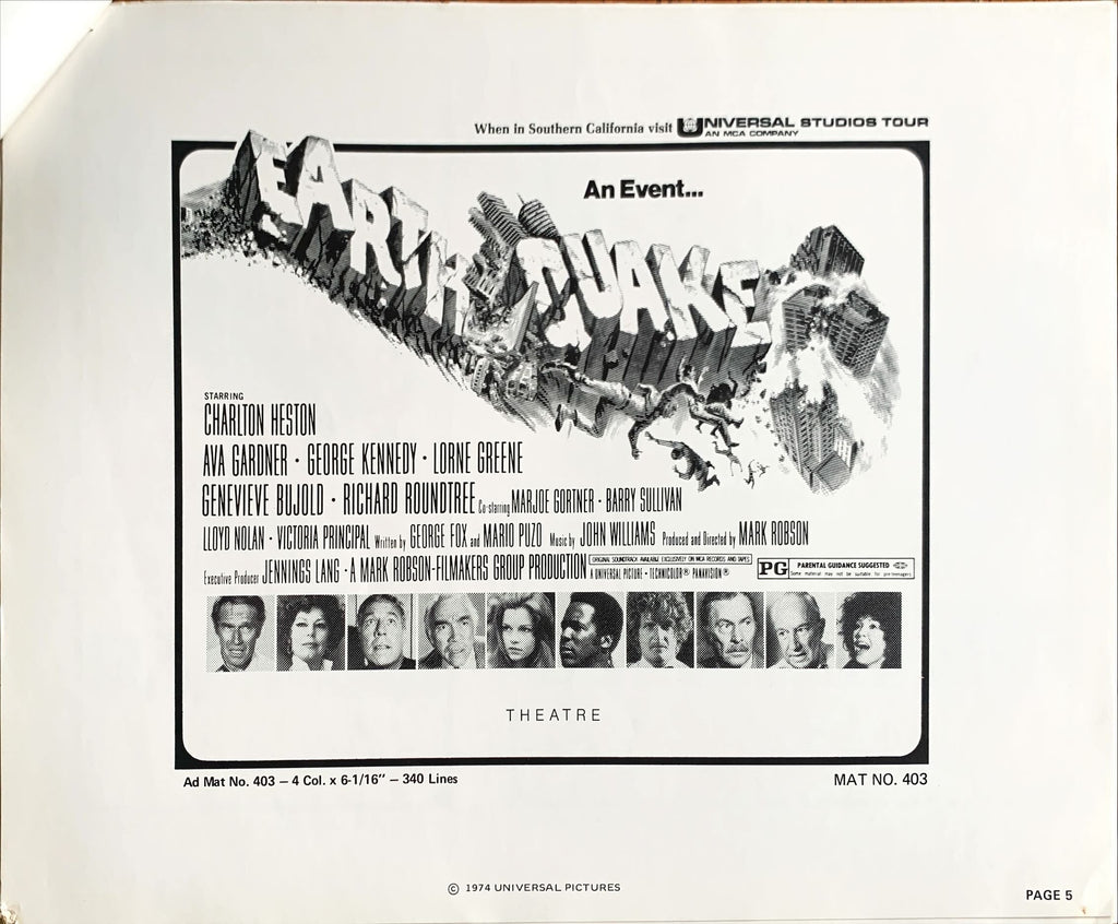 Earthquake,  vintage movie pressbook '74 Charlton Heston