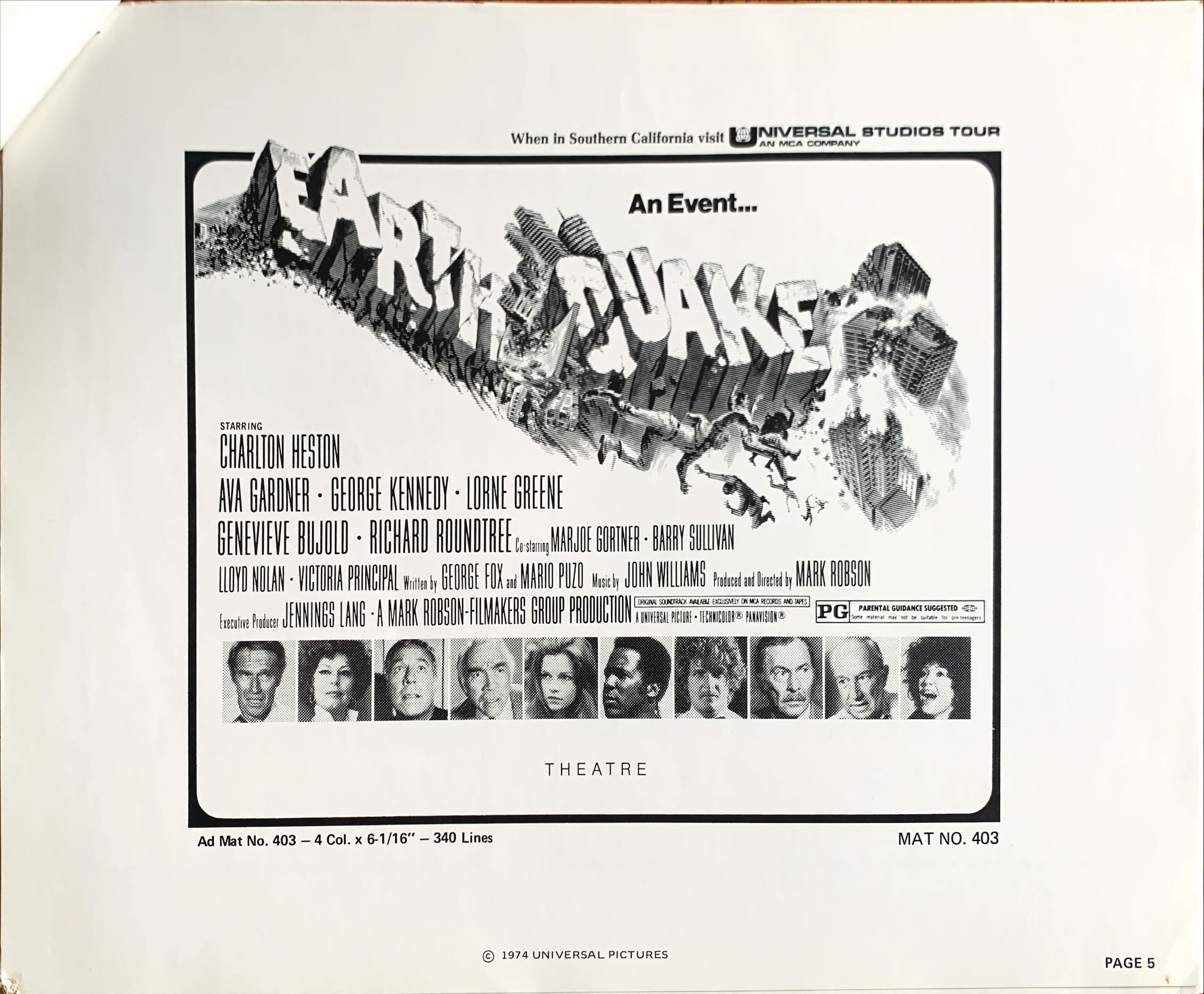 Earthquake,  vintage movie pressbook '74 Charlton Heston
