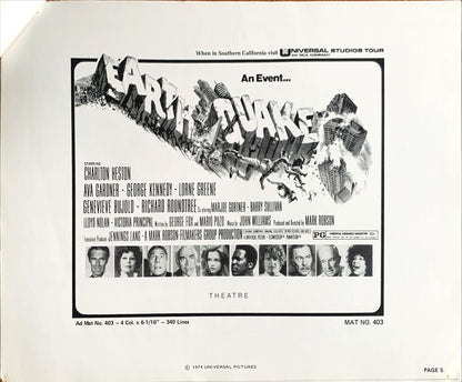Earthquake,  vintage movie pressbook '74 Charlton Heston
