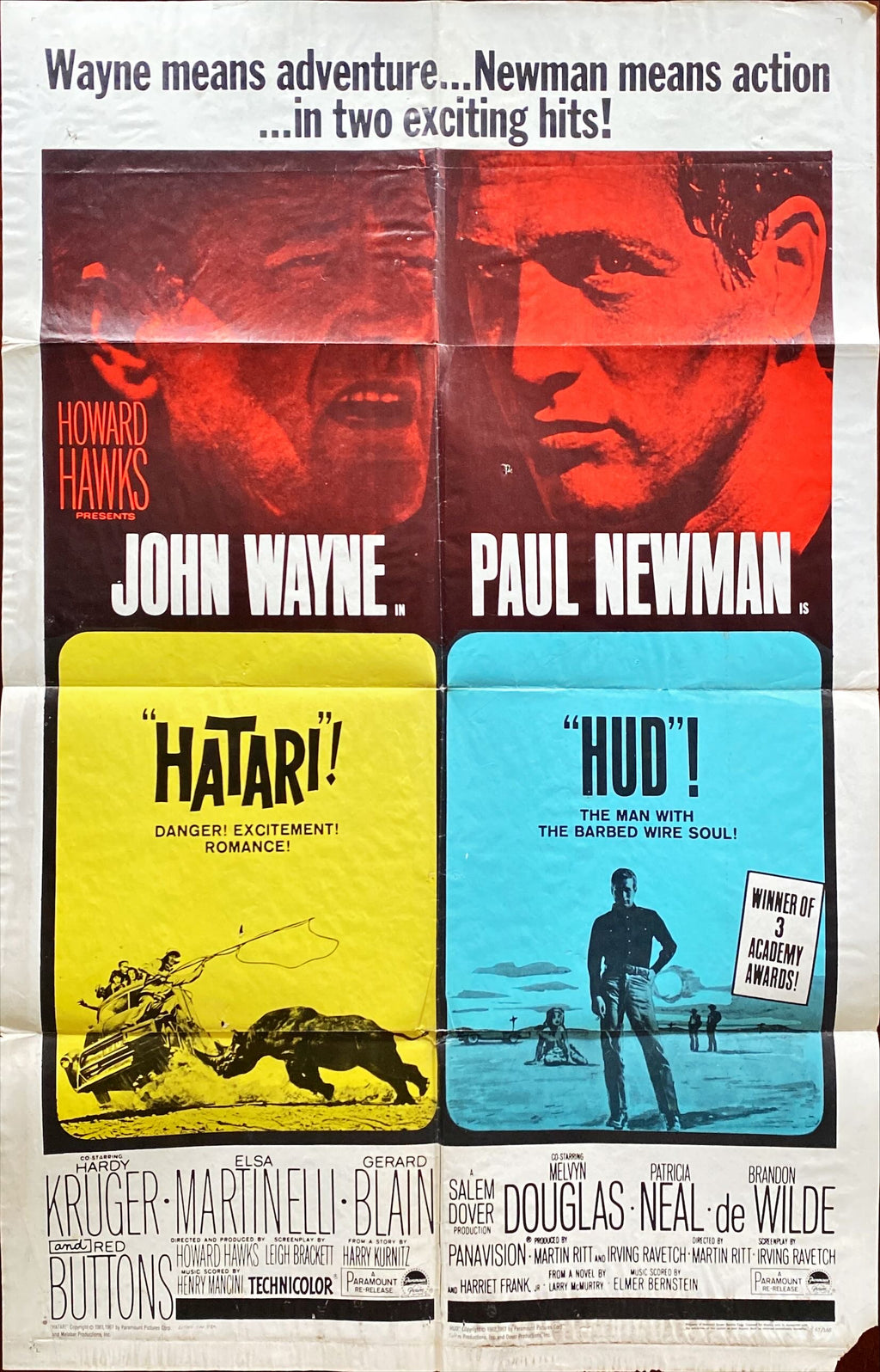 #869 HATARI/HUD 1sh 1967- John Wayne & Paul Newman double-bill!