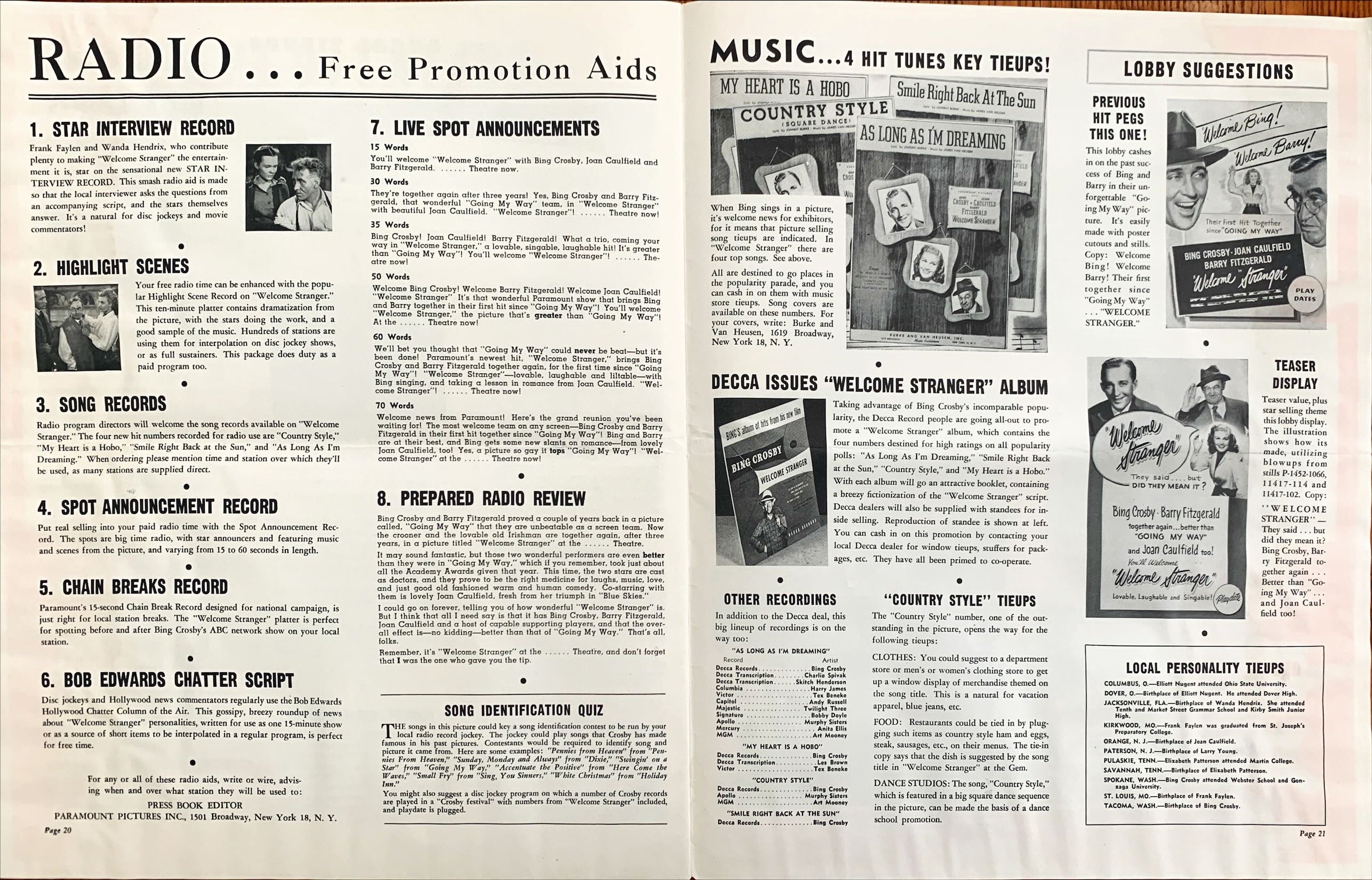 #603 WELCOME STRANGER pressbook '47 Bing Crosby
