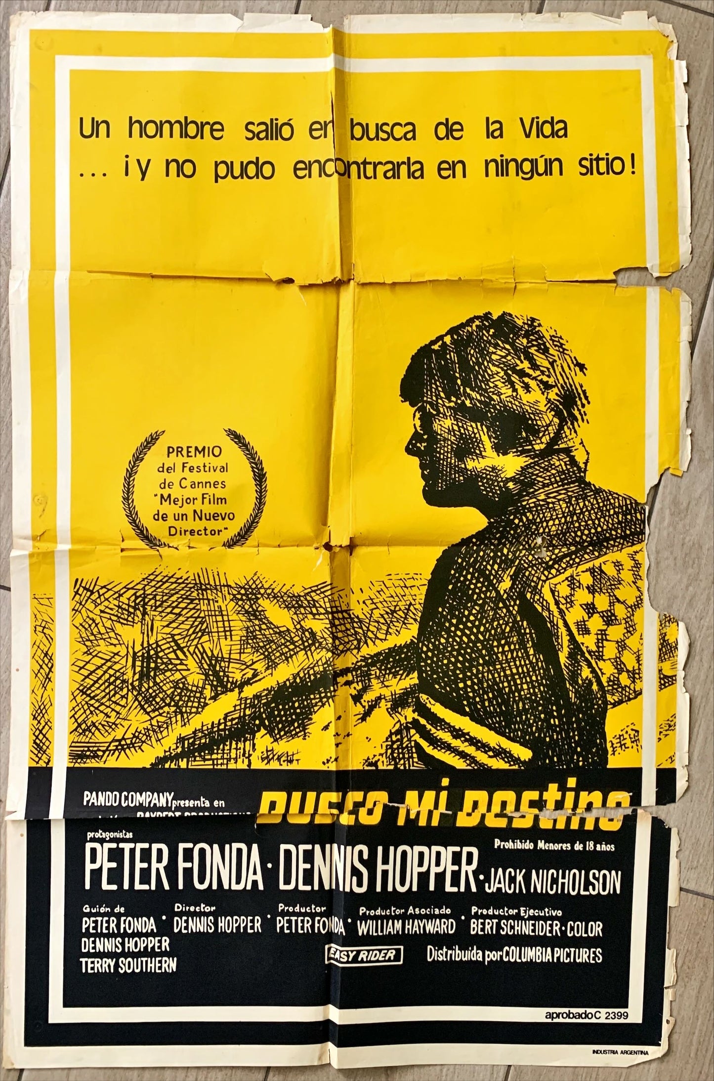 Easy Rider, Argentinean '69 great art of Peter Fonda, biker classic  FIXER UPPER