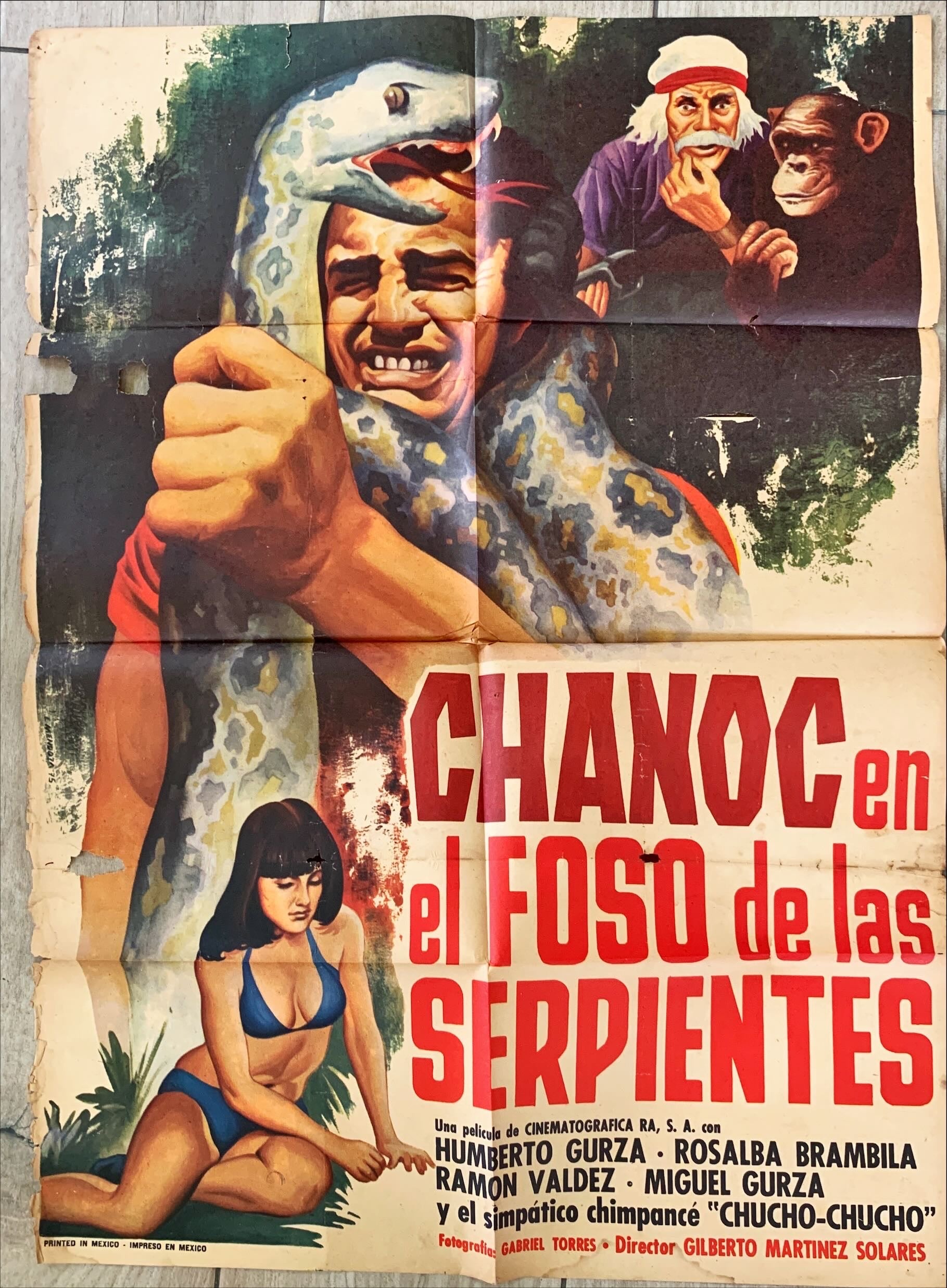 #1428 CHANOC EN EL FOSO DE LAS SERPIENTES Mexican poster '75 great art of him fighting snake!