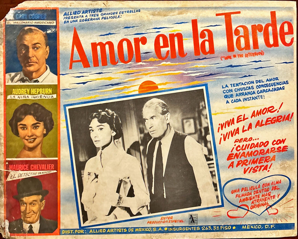 Love in the afternoon (1957) 2 Original Mexican Lobby Cards,  Audrey Hepburn, Gary Cooper, Maurice Chevalier, Billy Wilder