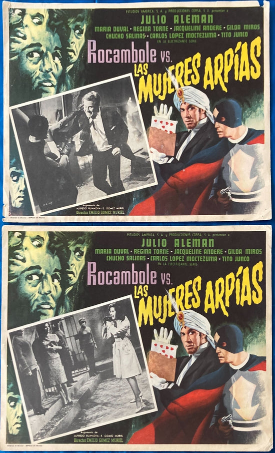 Rocambole vs las mujeres Arpias (1967) 2 Mexican lobby Cards, Julio Aleman