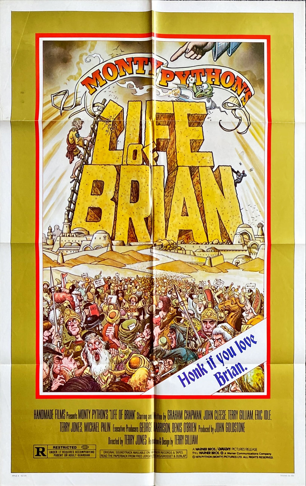 1183 LIFE OF BRIAN 1sh 1979 Monty Python, great wacky artwork of Chapman running from mob!