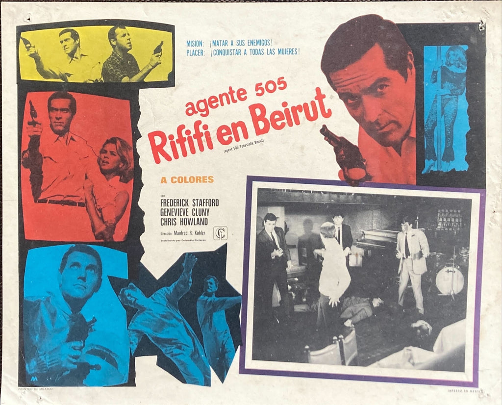 Agent 505 Death Trap Beirut, Mexican Lobby Card '66 cool Belinsky art of spy Stafford & sexy blonde