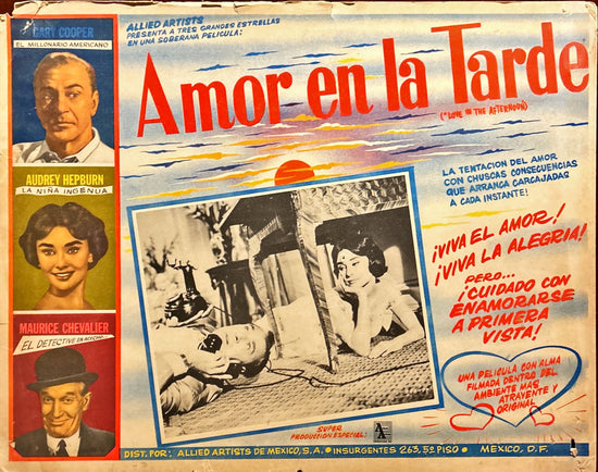 Love in the afternoon (1957) 2 Original Mexican Lobby Cards,  Audrey Hepburn, Gary Cooper, Maurice Chevalier, Billy Wilder