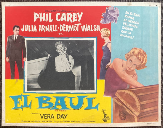 The Trunk, Mexican Lobby Card, 1961 images of Phil Carey, Julia Arnall, English secret shock crime mystery