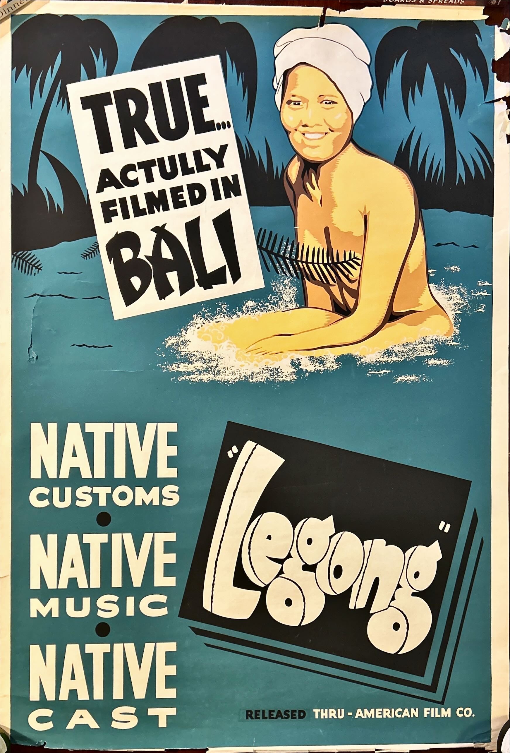 Legong (1935) Original Movie Poster, silkscreen art of sexy near-naked actual Bali native girl bathing