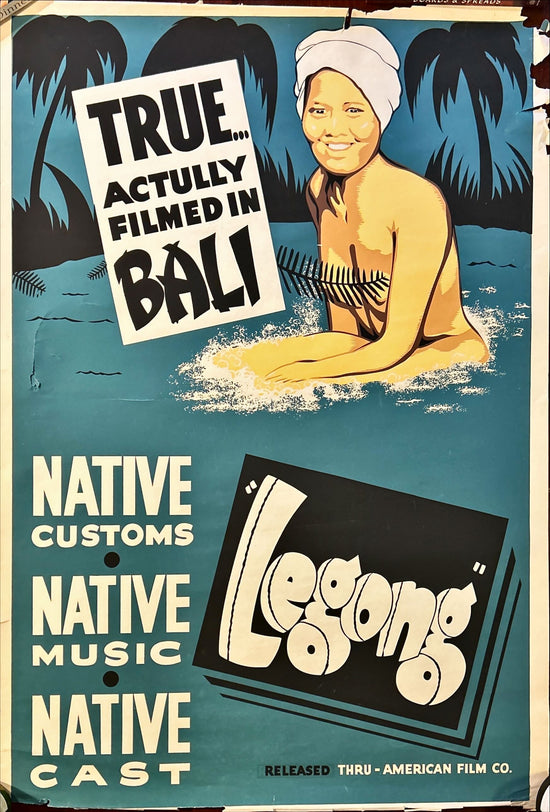 Legong (1935) Original Movie Poster, silkscreen art of sexy near-naked actual Bali native girl bathing