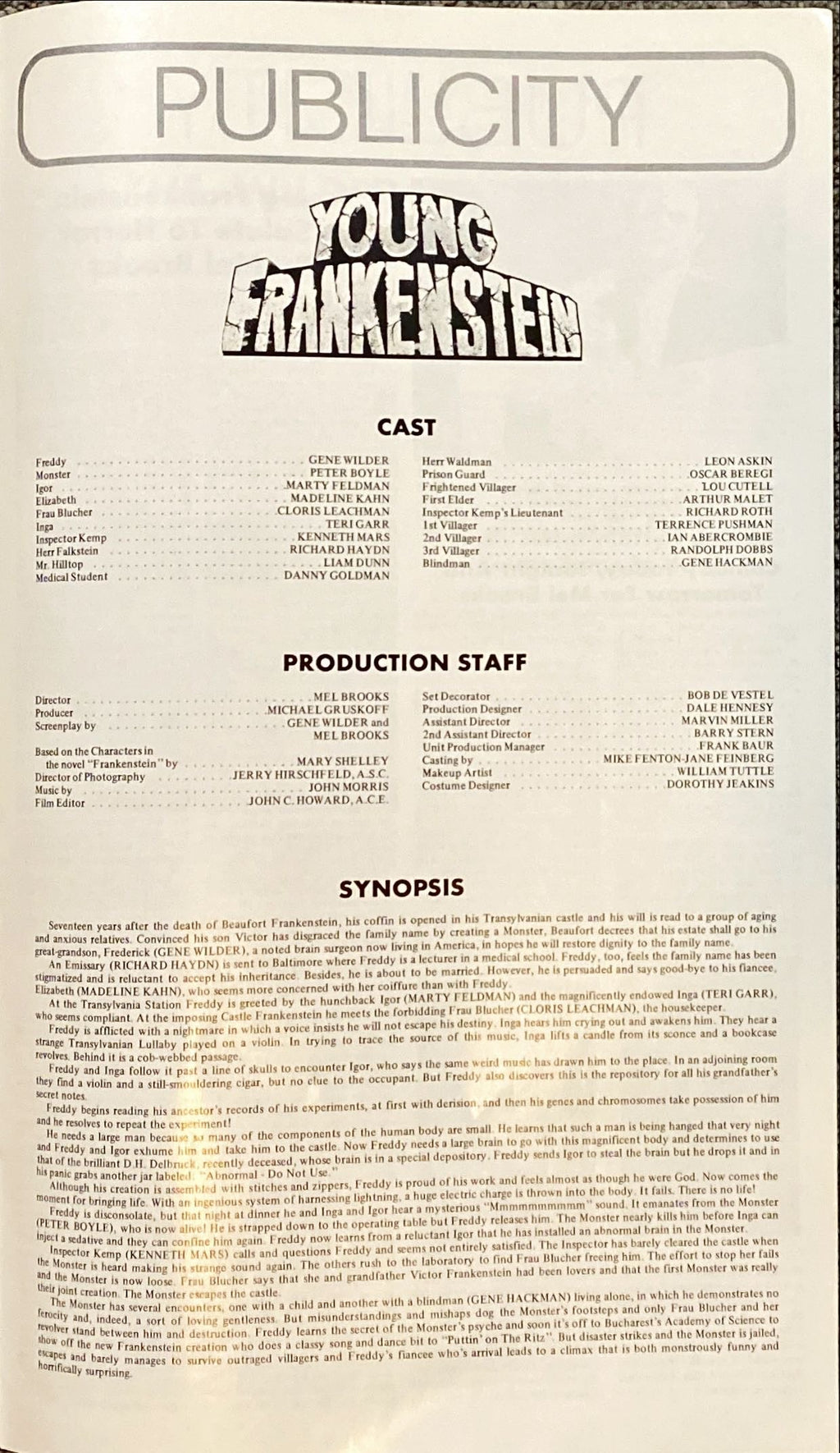 #2126 YOUNG FRANKENSTEIN pressbook 1974 Mel Brooks