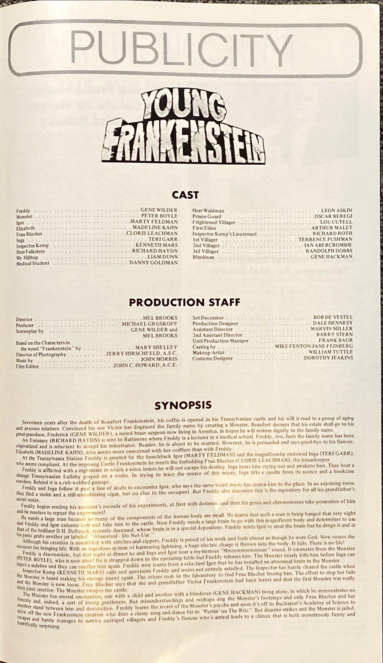 #2126 YOUNG FRANKENSTEIN pressbook 1974 Mel Brooks