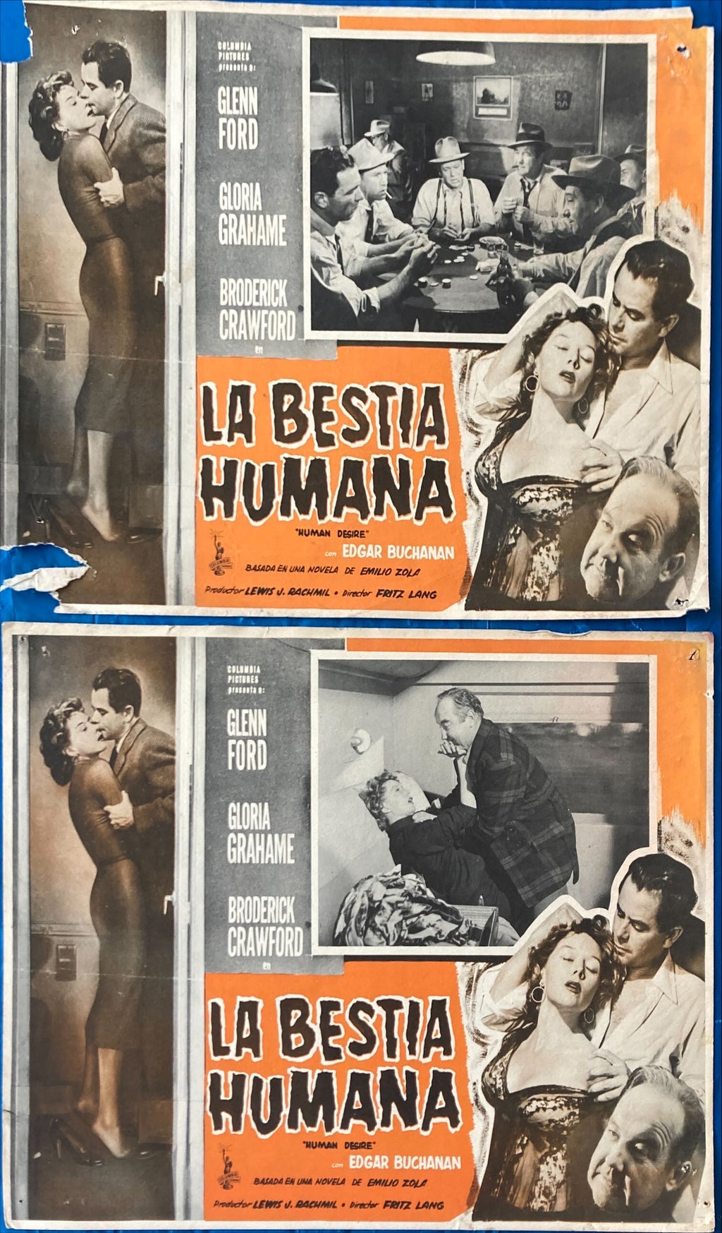 Human Desire 1954 original Mexican Lobby Cards X2 -Gloria Graham, Glenn Ford, Fritz Lang