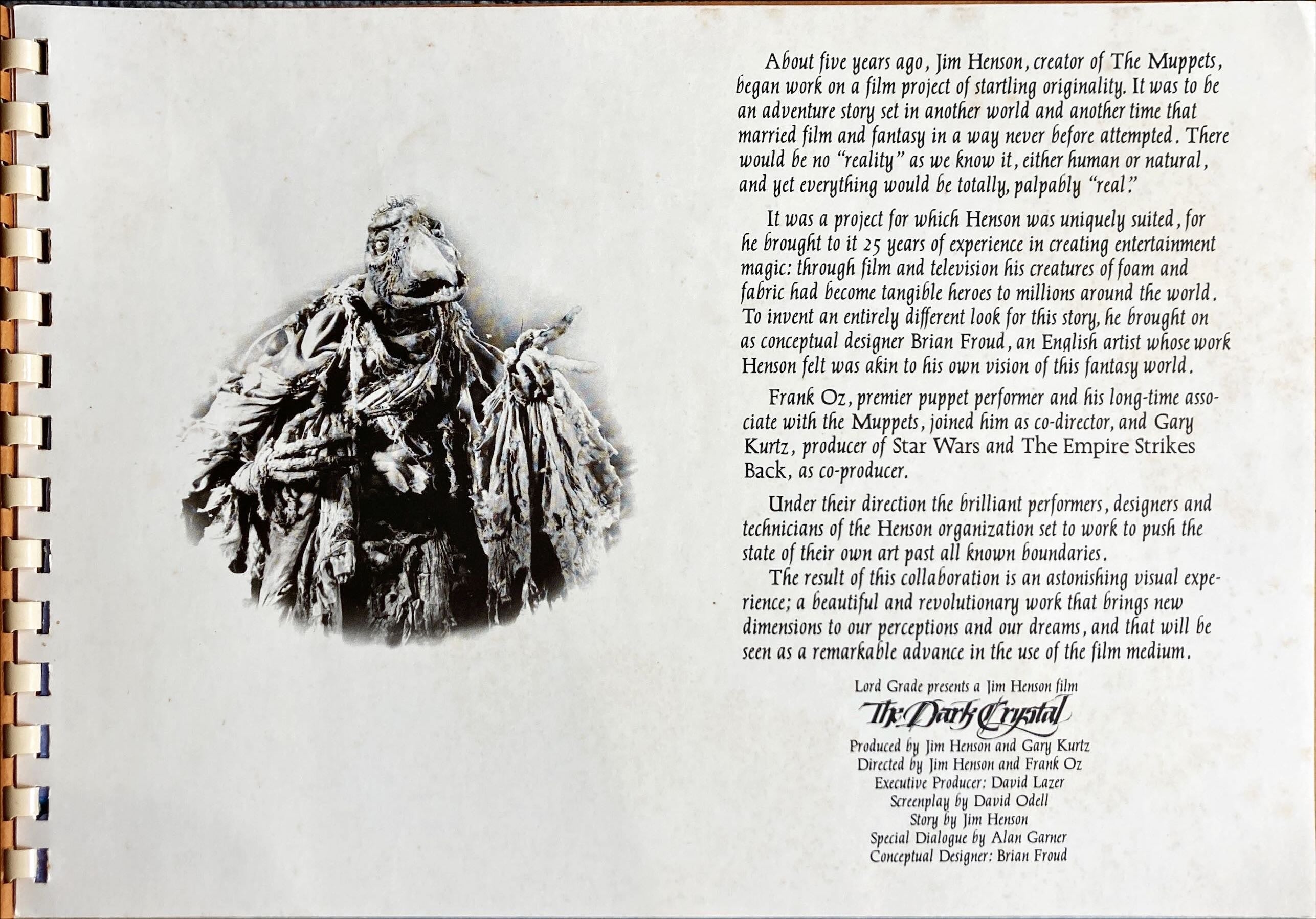 A31 DARK CRYSTAL spiral-bound promo book 1982 Jim Henson & Frank Oz, die-cut embossed cover, rare